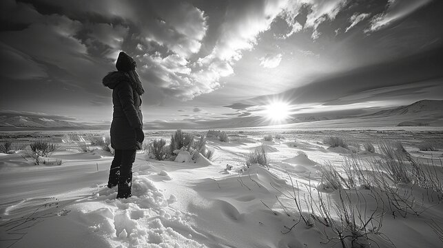 A woman immersed in the peaceful solitude of a snowy landscape at twilight, captured in the stark, monochromatic style of minimalist photography