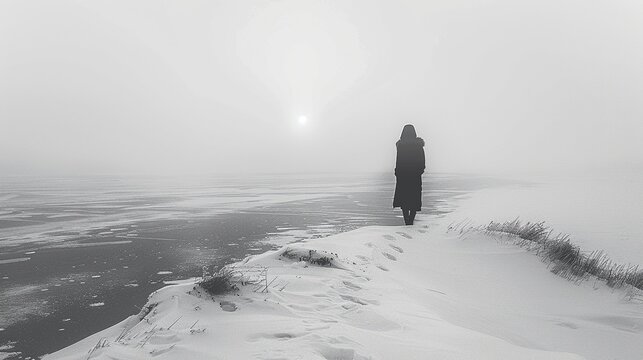 A woman immersed in the peaceful solitude of a snowy landscape at twilight, captured in the stark, monochromatic style of minimalist photography
