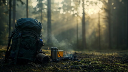 Backpack behind in the middle of a dense forest with trees and foliage surrounding it