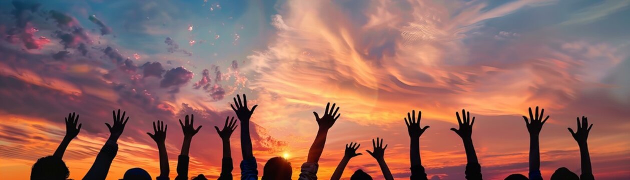 Silhouetted Hands Raised in Worship Sunset
