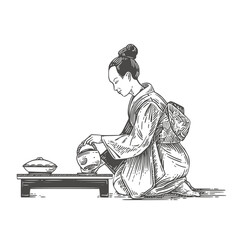 Tea ceremony. A woman in a kimono pours tea. Engraving style. Vector illustration.	