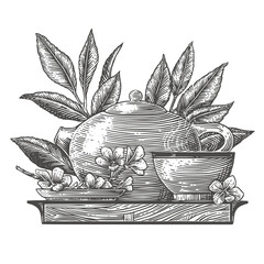 Tea ceremony. A teapot with green tea, a cup of flowers on plates standing on a wooden board. Engraving style. Vector illustration. 
