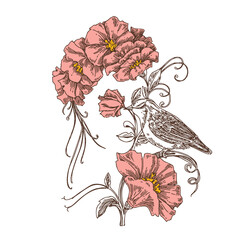 Portrait optical illusion. Two images. woman and bird on  branch flowers. Engraving style. Vector illustration.