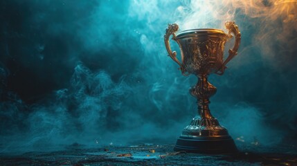 Golden trophy winner cup on smoky aquamarine background