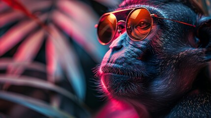 A monkey wearing sunglasses and a red bandana - obrazy, fototapety, plakaty