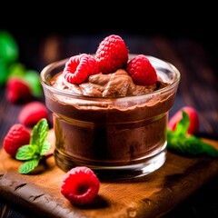 Chocolate pudding with raspberries and mint leaves on a wooden cutting board