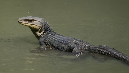 A Monitor Lizard With Its Body Submerged In Water