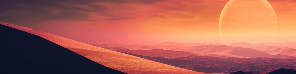 A serene Martian landscape under a breathtaking sunset, with a large celestial body looming in the sky, background, wallpaper, banner