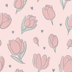 Hand draw pink tulips on pink pastel color seamless pattern	