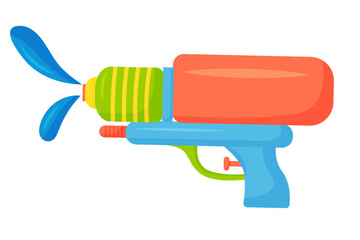 Vector plastic children's toy water gun icon isolated on white background. Multi-colored cartoon illustration.