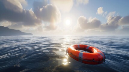 Serene Ocean Waters With Bright Orange Lifebuoy Floating Under Clear Blue Sky