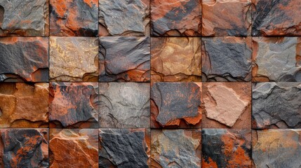A wall constructed from various colored rocks, terracotta, slate, in a checkered chess-tile pattern, background, wallpaper