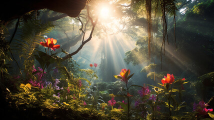 Sunlight filtering through the dense canopy of a vibrant tropical rainforest, illuminating a carpet of colorful wildflowers