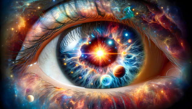 Close-up, detailed image focusing on the interior aspects of the human eye reimagined as a cosmic entity.