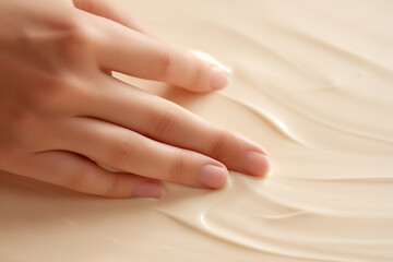 Female hand touches the cream, copy space.