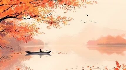 orange and pink autumn river traditional landscape illustration background poster