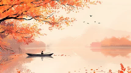 Fotobehang orange and pink autumn river traditional landscape illustration background poster © jinzhen