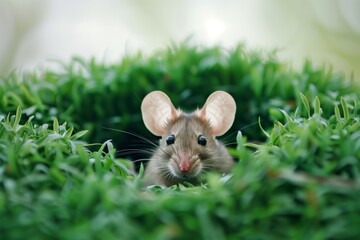 mouse peeking from a grassy knoll hole