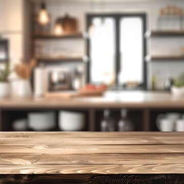 Realistic Wooden Kitchen Table with Cooking Equipment, To provide an authentic and natural kitchen setting for food preparation, highlighting the
