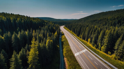 Obraz premium Road to the mountains, Recovery images, A highway road passes through a forest, blurred lens flare light, sunlight morning,sun rising, 