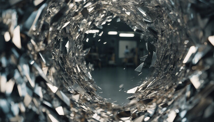 a shattered mirror. The shards reflect warped and distorted versions of the room, but one shard reveals a glimpse of a hidden doorway. - obrazy, fototapety, plakaty