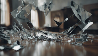 a shattered mirror. The shards reflect warped and distorted versions of the room, but one shard reveals a glimpse of a hidden doorway.