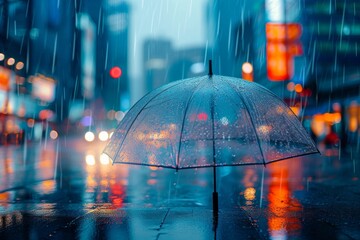 Transparent umbrella in the rain on a city street - obrazy, fototapety, plakaty