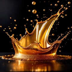 Dynamic gold liquid splash, bursting oil droplets water impact - 769497146
