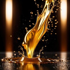 Dynamic gold liquid splash, bursting oil droplets water impact - 769497148