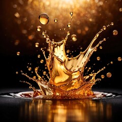 Dynamic gold liquid splash, bursting oil droplets water impact - 769497163