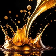 Dynamic gold liquid splash, bursting oil droplets water impact