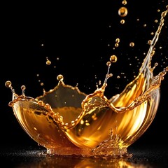 Dynamic gold liquid splash, bursting oil droplets water impact - 769497177