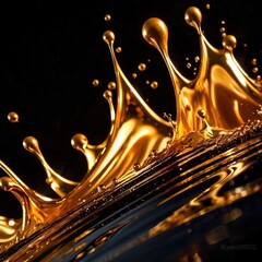 Dynamic gold liquid splash, bursting oil droplets water impact - 769497182