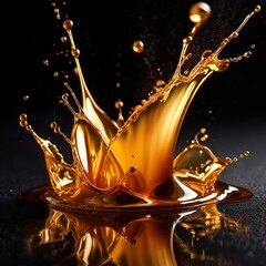 Dynamic gold liquid splash, bursting oil droplets water impact - 769497183