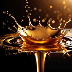 Dynamic gold liquid splash, bursting oil droplets water impact - 769497188