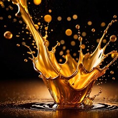 Dynamic gold liquid splash, bursting oil droplets water impact - 769497191