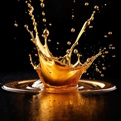 Dynamic gold liquid splash, bursting oil droplets water impact - 769497193