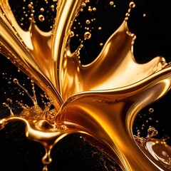 Dynamic gold liquid splash, bursting oil droplets water impact - 769497195