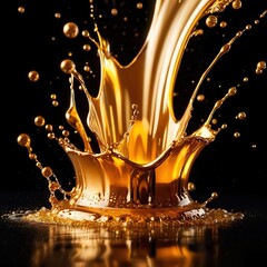 Dynamic gold liquid splash, bursting oil droplets water impact - 769497198