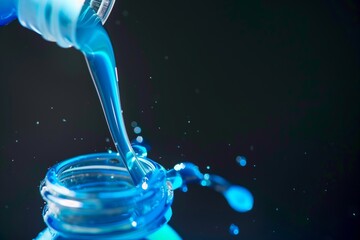 blue stream of liquid from a bottle - 769497544