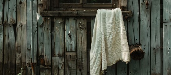 Towel hung on aged wooden structure © Lasvu