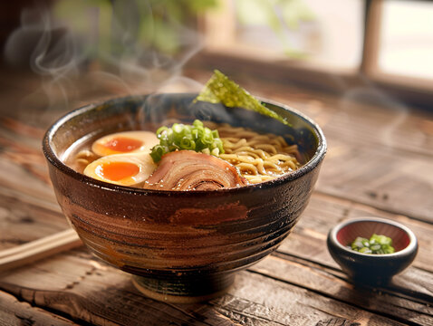 Japanese ramen in a bowl. Served on a wooden table. Beautiful morning light.  
