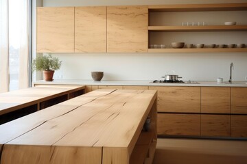 A minimalist kitchen furnished with eco-friendly materials and sustainable design elements, such as...