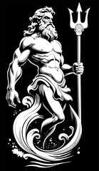 Poseidon, god of the sea, tall and robust and with powerful muscles, like an old sea dog, with disheveled hair and beard and trident in hand.
