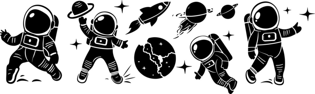 Collection of cute astronaut vector silhouettes with pets in space, SVG format, isolated on white