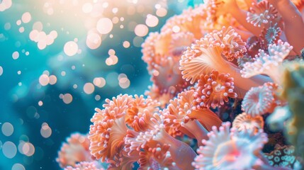 Fototapeta na wymiar A close-up view of a diverse collection of corals in peach tones, forming a vibrant underwater backdrop, background, wallpaper, copy space