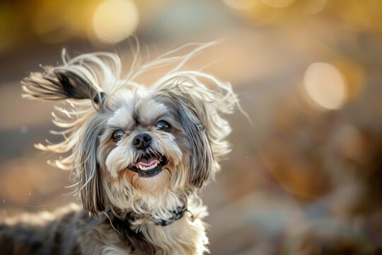 shih tzu smiling with fluffy fur blowing in the wind