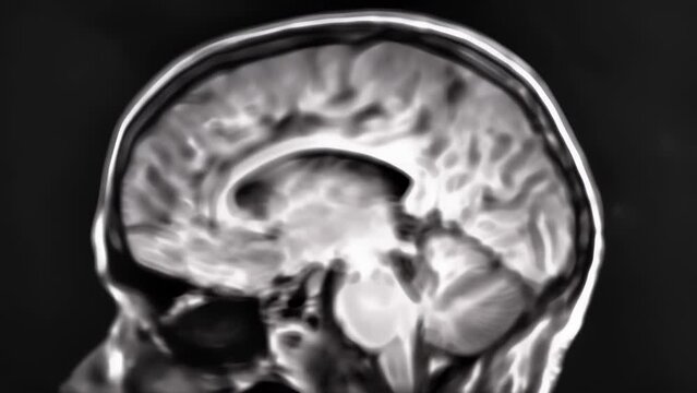 A crosssectional MRI image of the brain showing a large dark area in the left temporal lobe suggesting a possible hemorrhage or aneurysm.