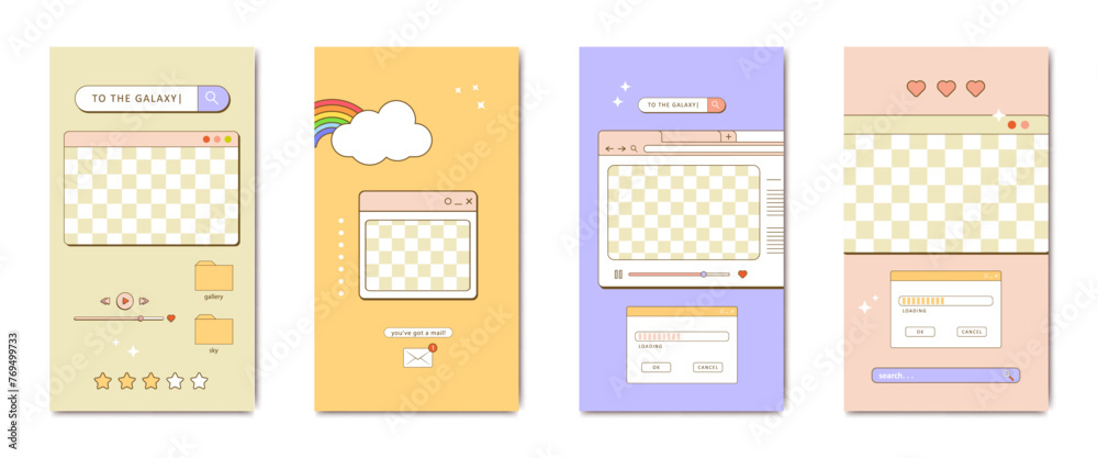 Fototapete aesthetic 90s retro vaporwave post and story template. Social media stories and posts with old nostalgic computer aesthetic ui elements vector set