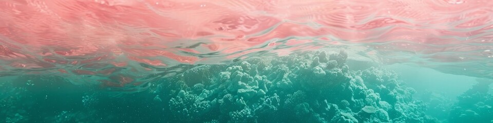 Fototapeta na wymiar Detailed view of a water surface displaying a gradient of coral pink and seafoam green colors, background, wallpaper, banner